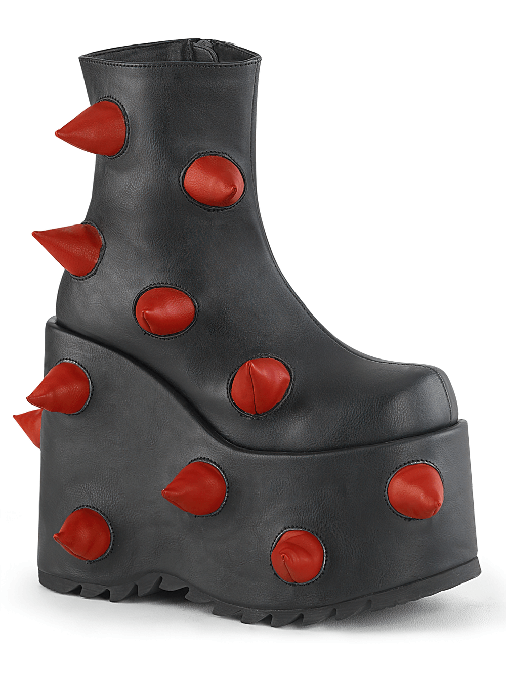 Demonia black vegan platform boots with red spikes, featuring bold horns and a 7-inch wedge for edgy style.