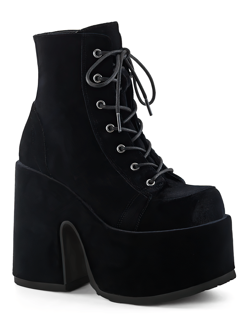 Demonia black velvet lace-up platform ankle boots with chunky heel and metal zip closure.