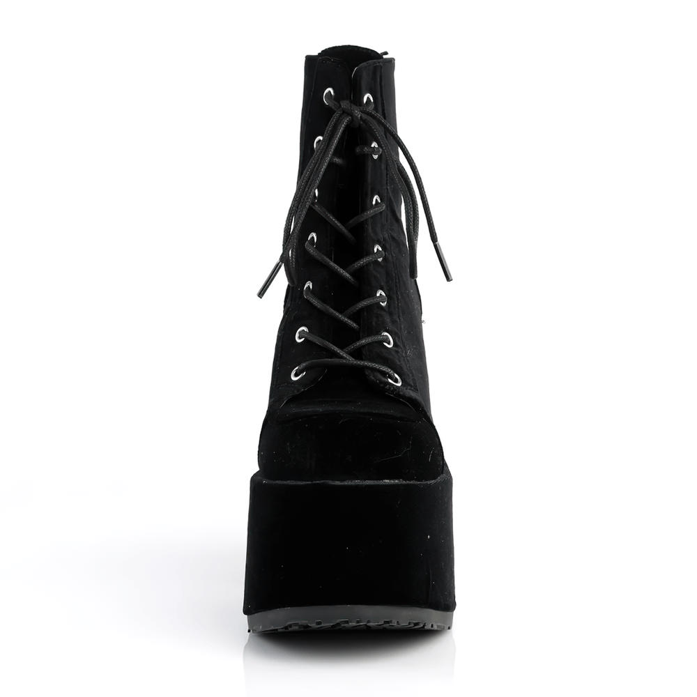 Demonia black velvet lace-up platform ankle boots with chunky heel for bold style and comfort.