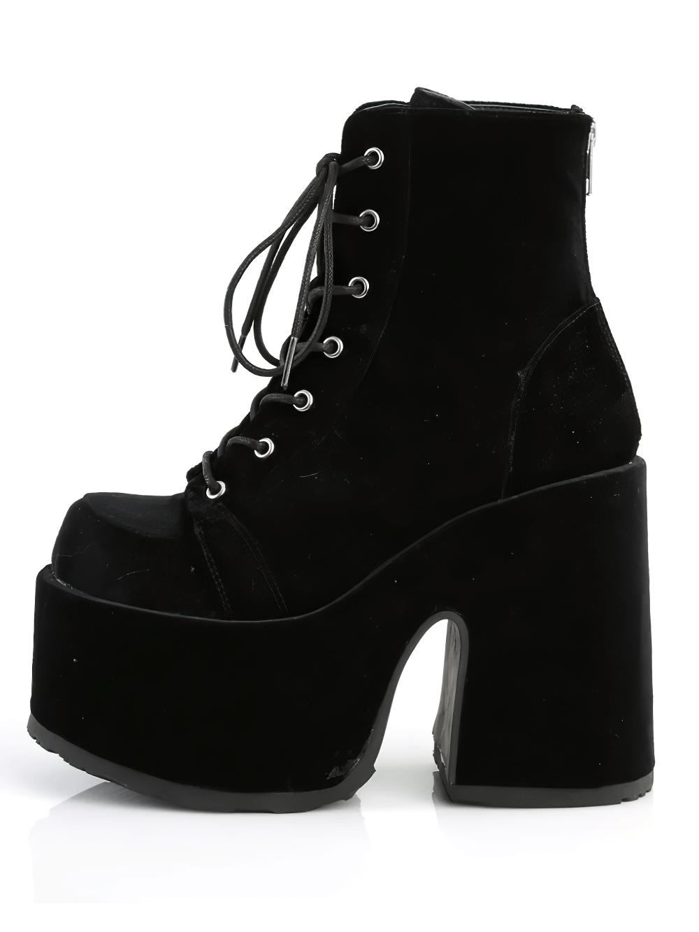 Demonia black velvet lace-up platform ankle boots with chunky heel and metal zip closure.