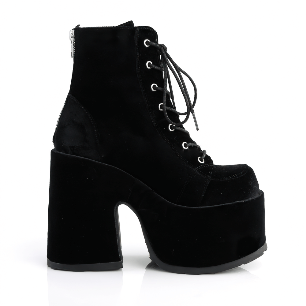 Demonia black velvet lace-up platform ankle boots with chunky heel and metal zip closure, stylish and edgy footwear.