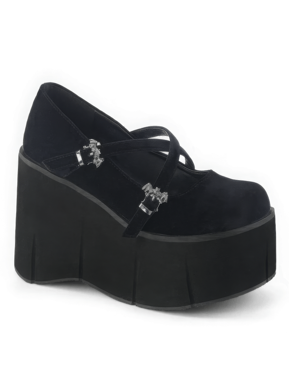 Black velvet Mary Jane platform shoes with bat buckles, perfect for an edgy gothic look.
