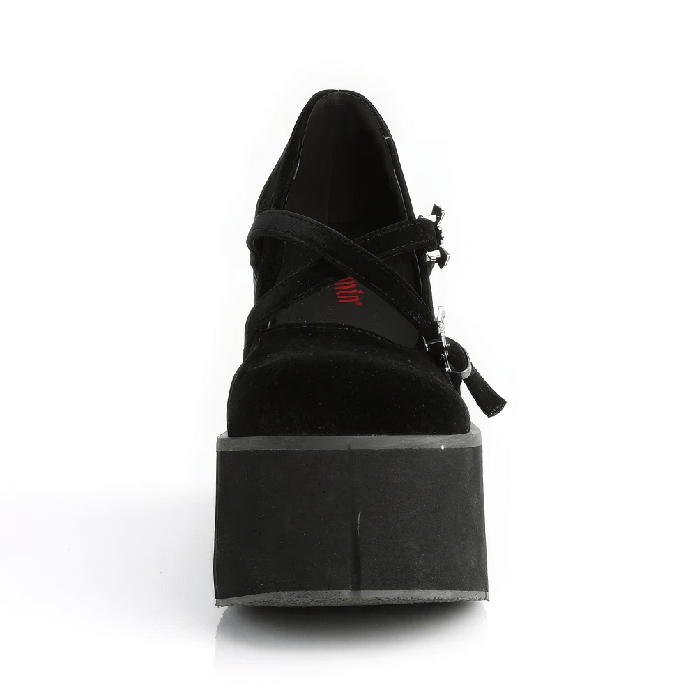 Front view of DEMONIA Black Velvet Mary Jane Platforms featuring gothic bat buckles and a bold platform.