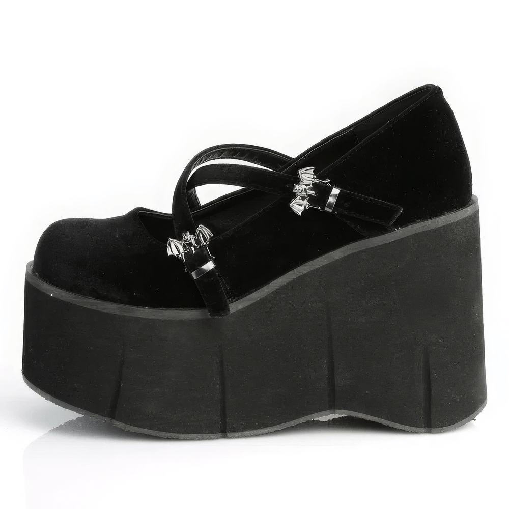 Edgy black velvet Mary Jane platforms with bat buckles and a bold 4.5-inch platform for a gothic look.