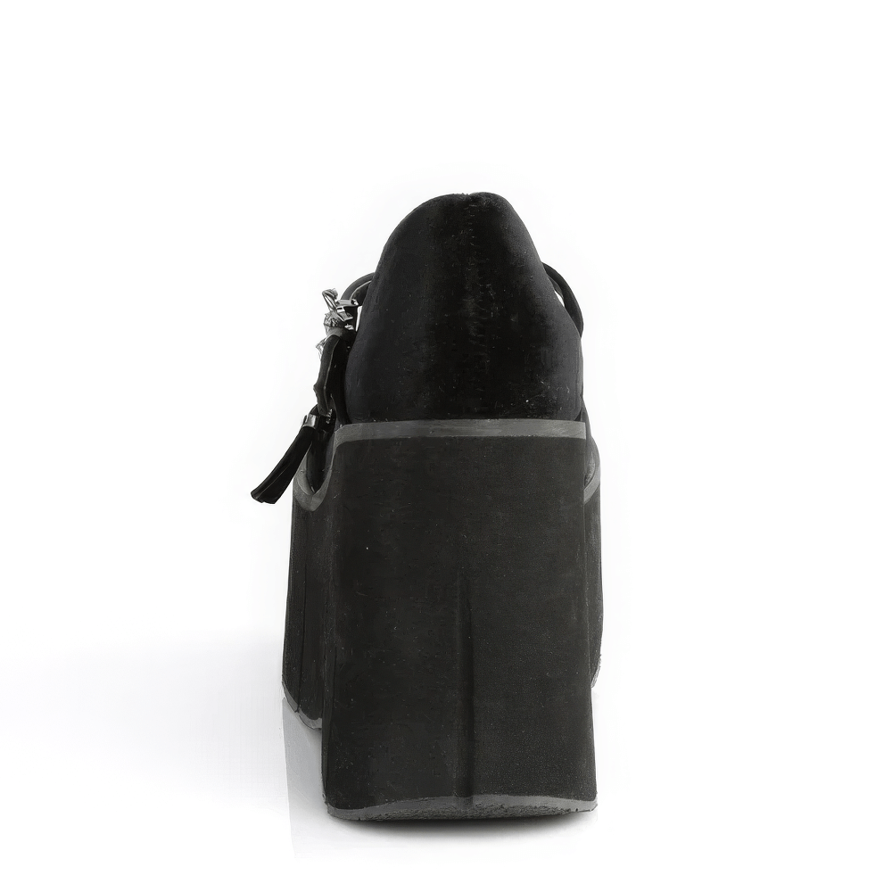 Rear view of Demonia black velvet Mary Jane platform shoes showcasing gothic bat buckles and a bold 4.5-inch heel.