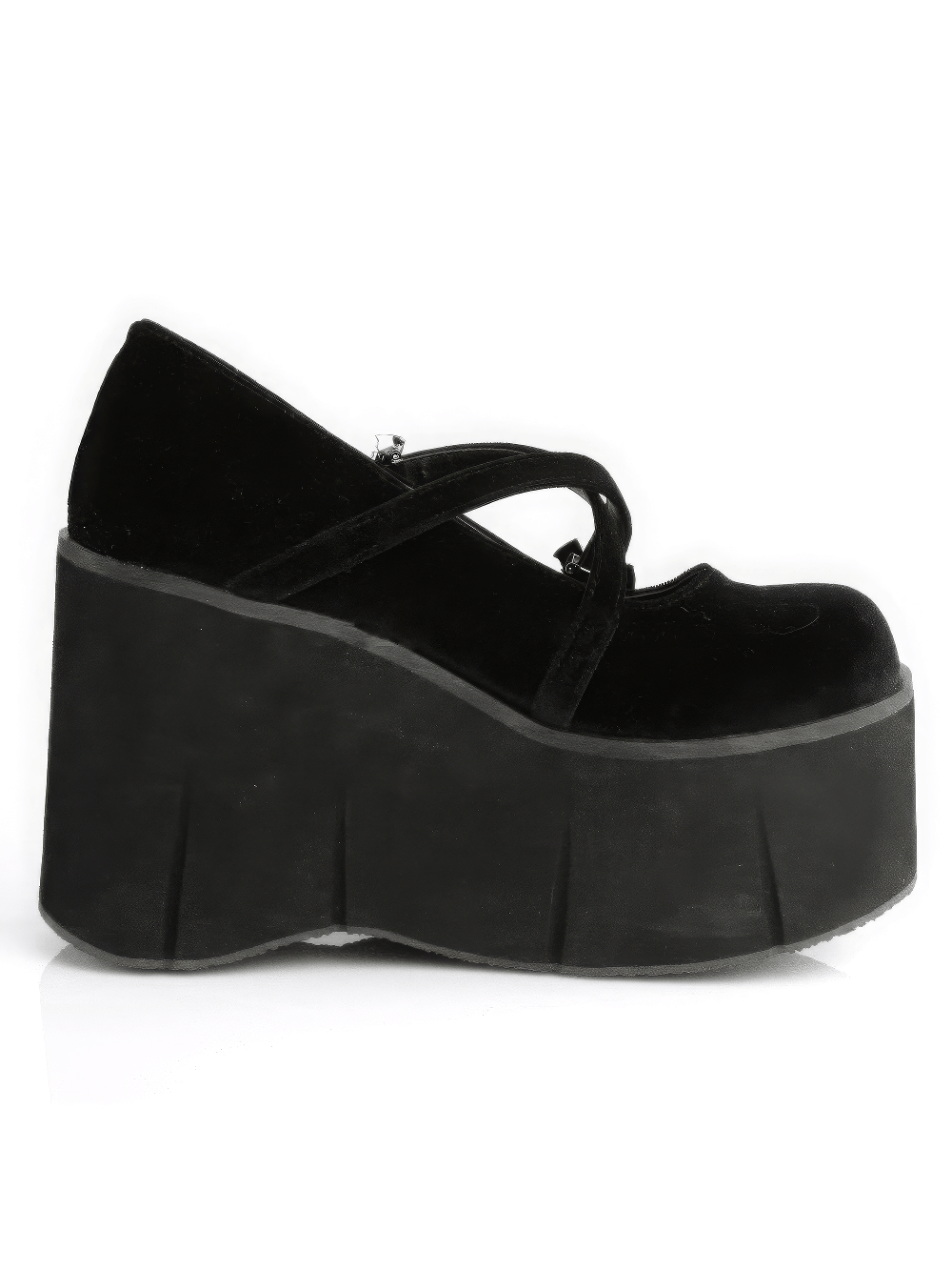 Demonia black velvet Mary Jane platforms with bat buckles, featuring a bold 4.5-inch platform for edgy style.