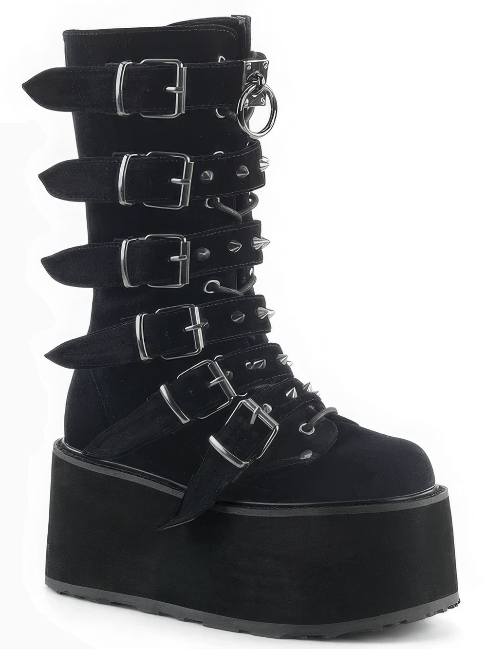 DEMONIA Black Velvet Mid-Calf Boots with Studded Straps