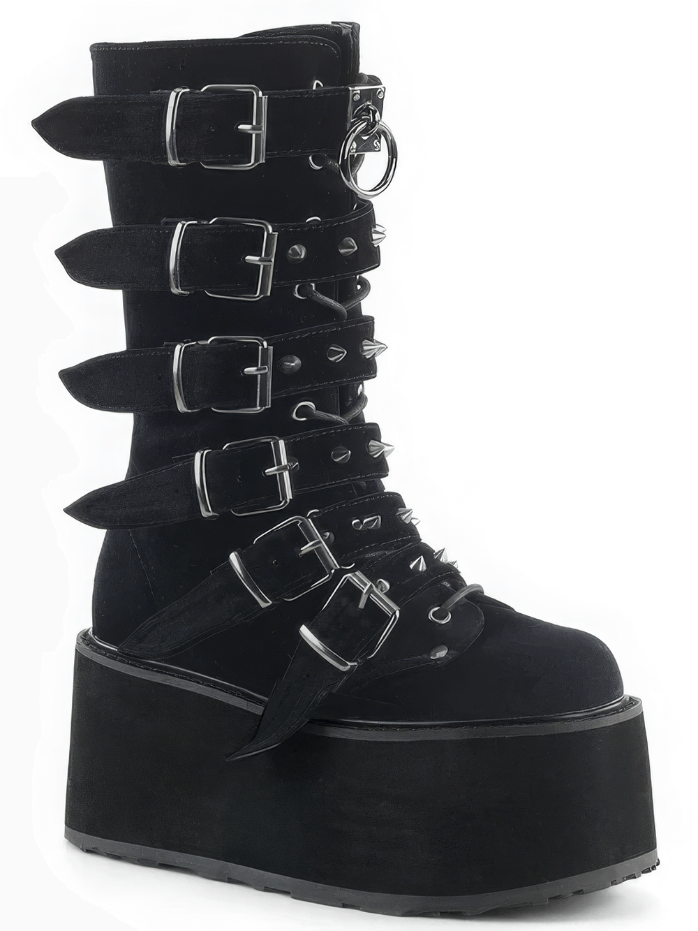 Gothic black velvet mid-calf boots with cone-studded straps and a bold platform for a rebellious edge.