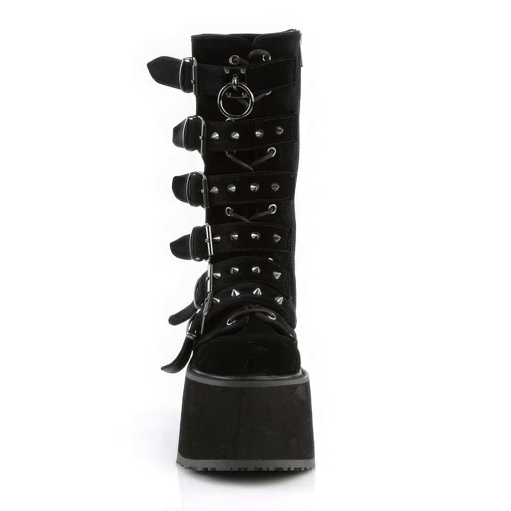 Gothic black velvet mid-calf boots with buckle straps and cone studs, featuring a bold platform and lace-up design.