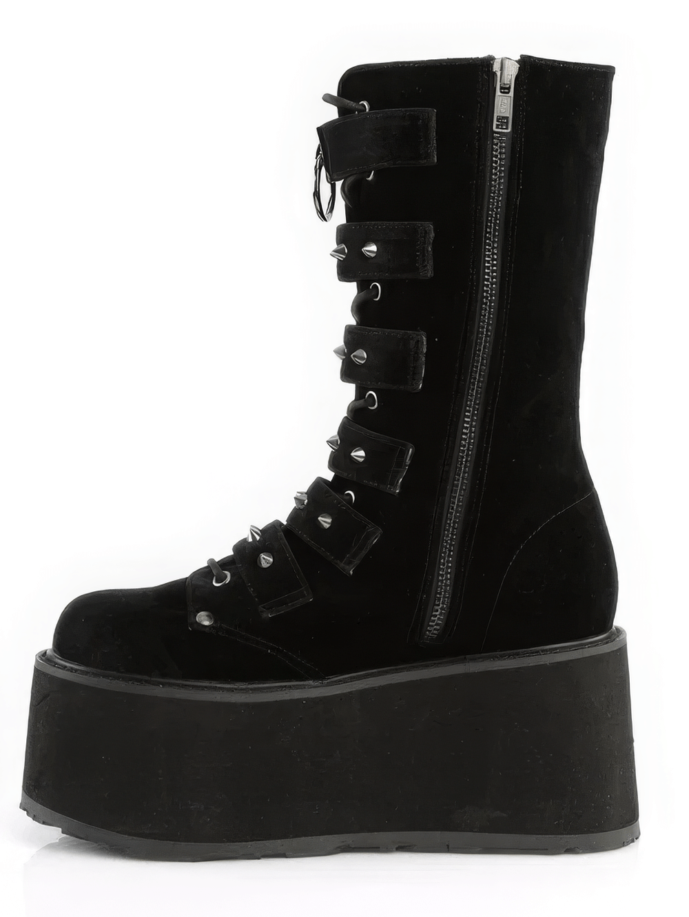 Demonia black velvet mid-calf boots with studded straps and bold platform, perfect for gothic fashion.