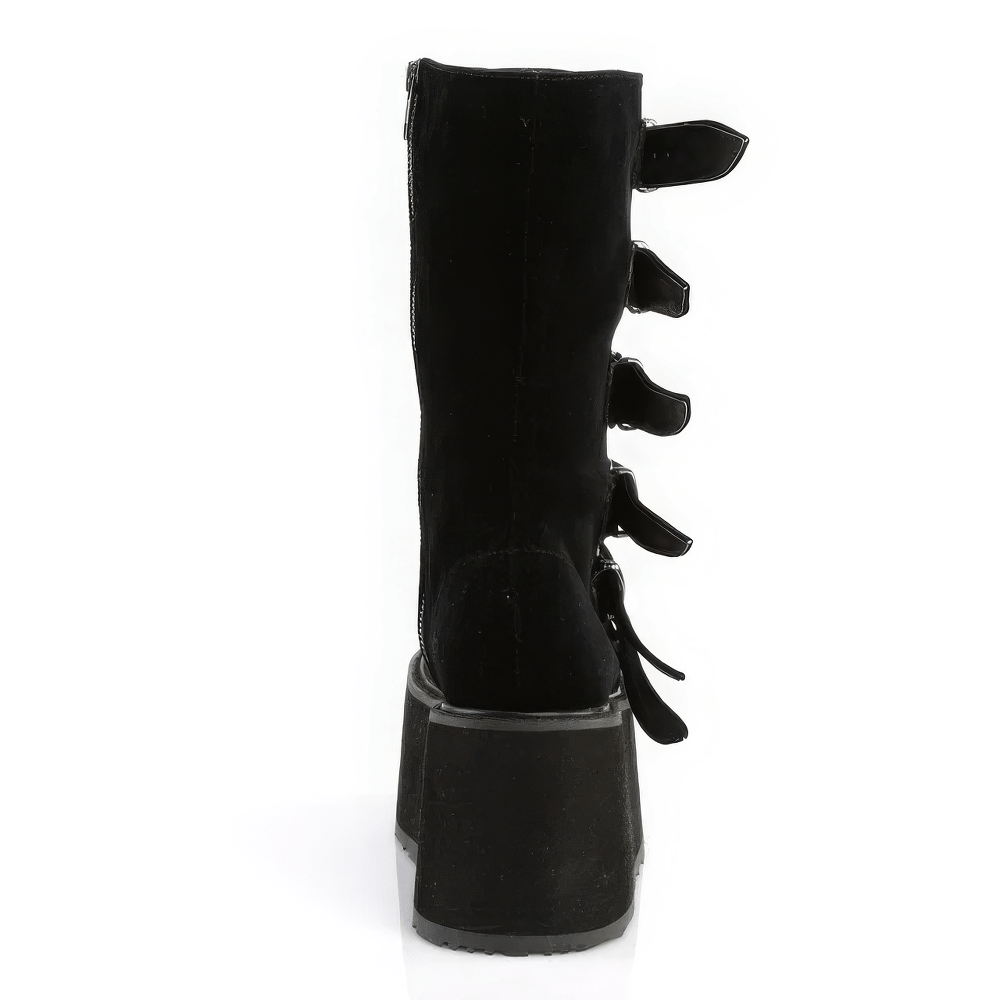 Black velvet mid-calf boots with buckle straps, stylish platform design perfect for a gothic look.