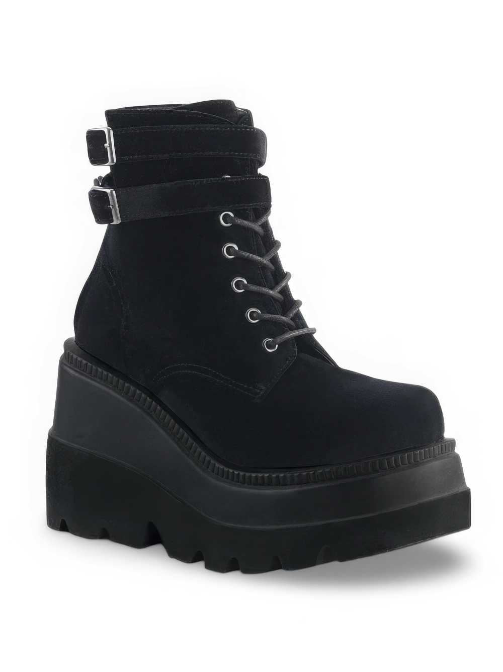 DEMONIA Black Velvet Platform Boots with Straps