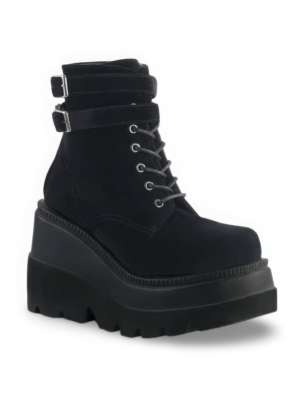Black velvet platform boots with lace-up front and buckled ankle straps, featuring a dramatic 4 1/2" wedge.