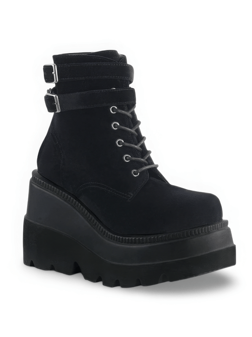 DEMONIA Bottes à plateforme en velours noir avec sangles