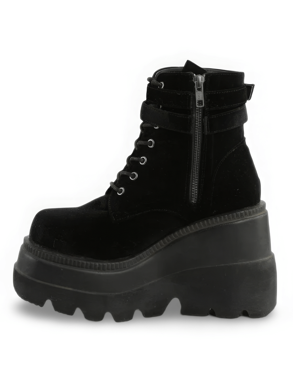 DEMONIA Black Velvet Platform Boots with Straps