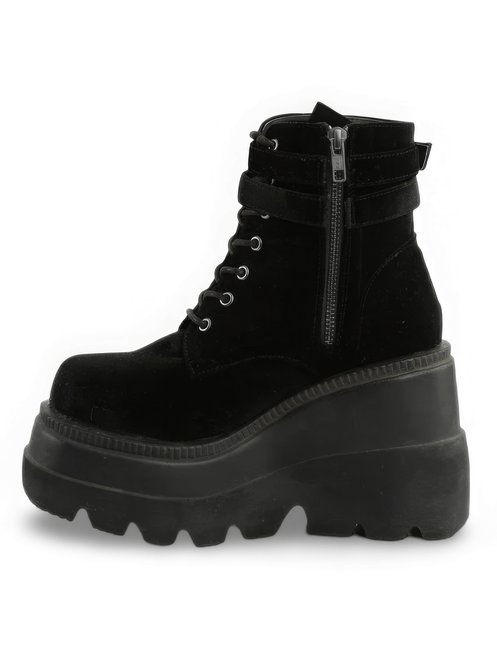 Demonia black velvet platform boots with lace-up front, ankle straps, and chunky wedge sole.