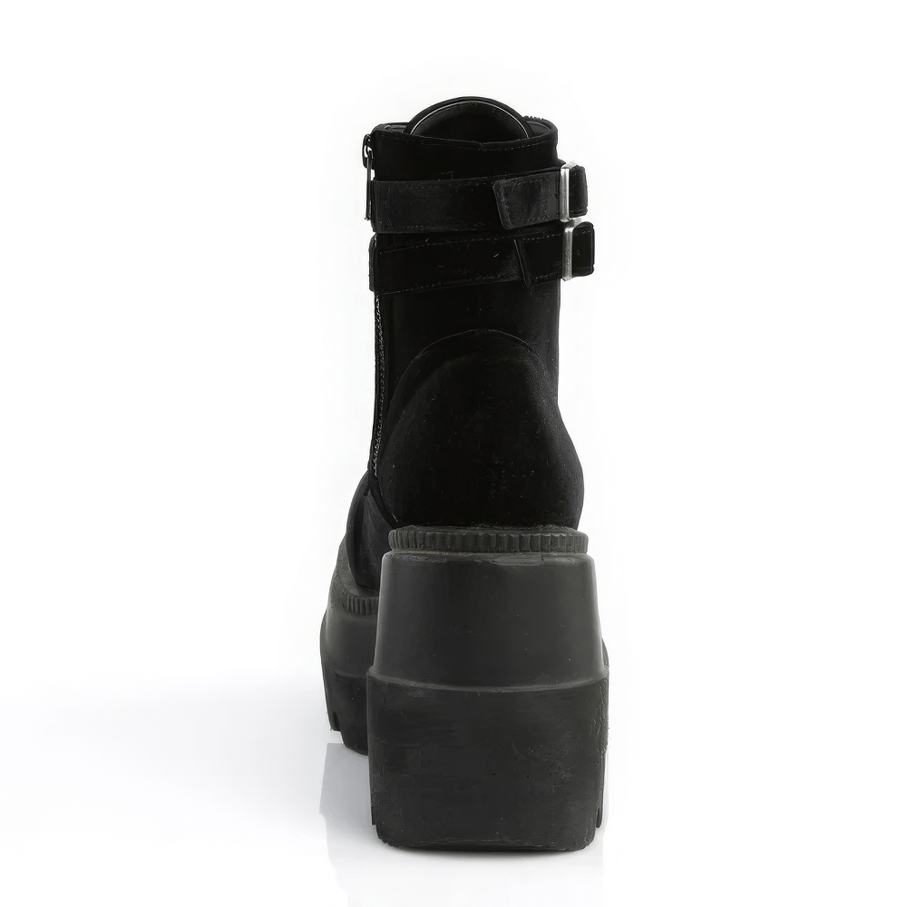 Back view of Demonia black velvet platform boots with double ankle straps and a high wedge sole.