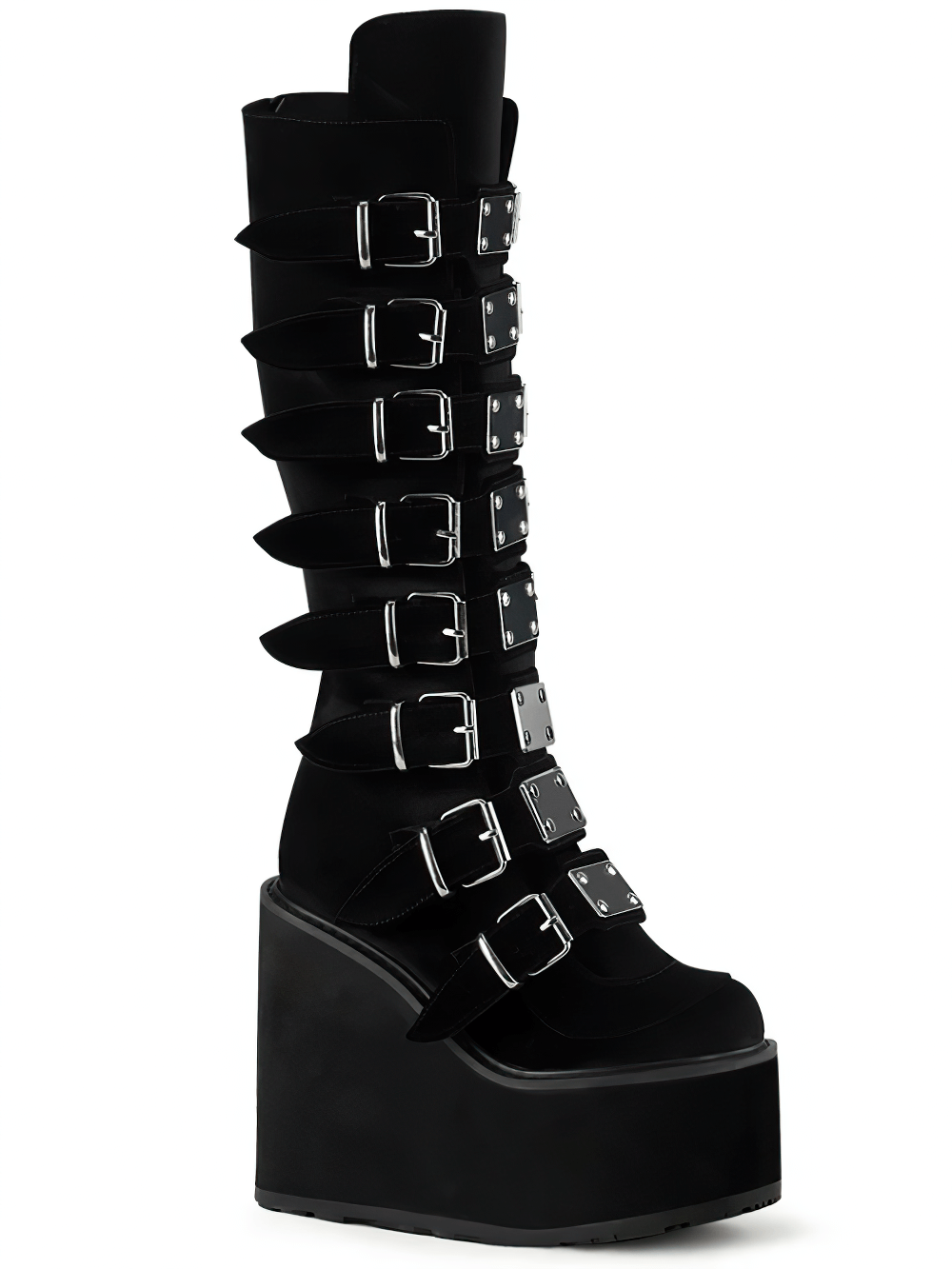 Demonia black velvet platform knee-high boots with bold buckle straps and metal plates.