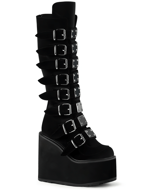 DEMONIA Bottes hauteur genou à plateforme en velours noir avec boucles