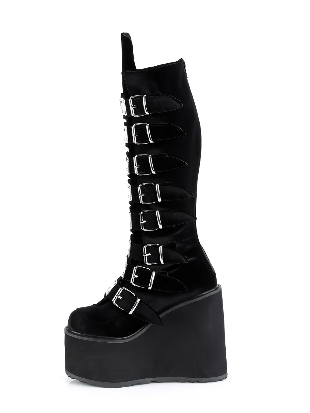 Demonia black velvet platform knee-high boots with buckles, showcasing gothic elegance and bold style.