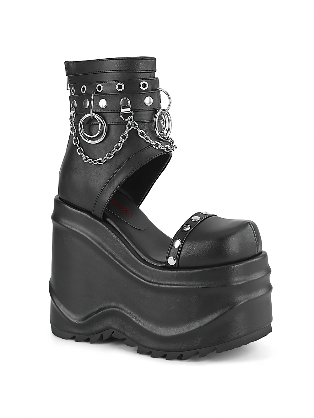 Daring black wedge platform booties with chains, studs, and a sleek zip closure for a bold fashion statement.