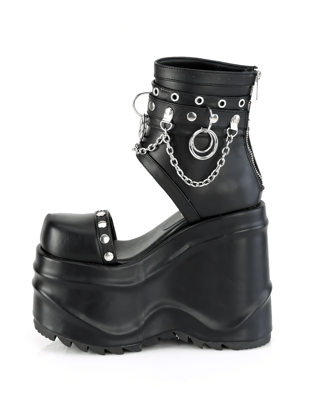 Demonia black wedge platform booties adorned with chains and studs for an edgy, bold style.