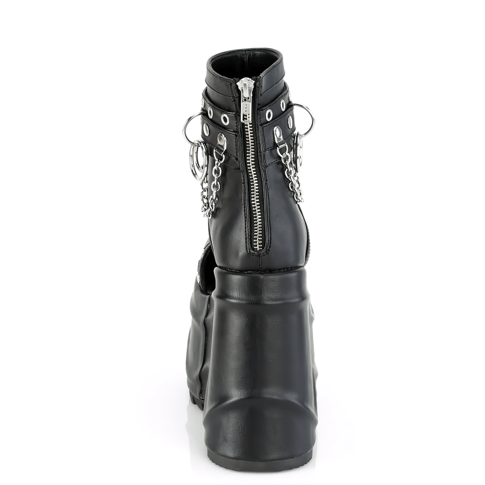 Bold black wedge platform booties with chains and studs featuring a back zip closure.