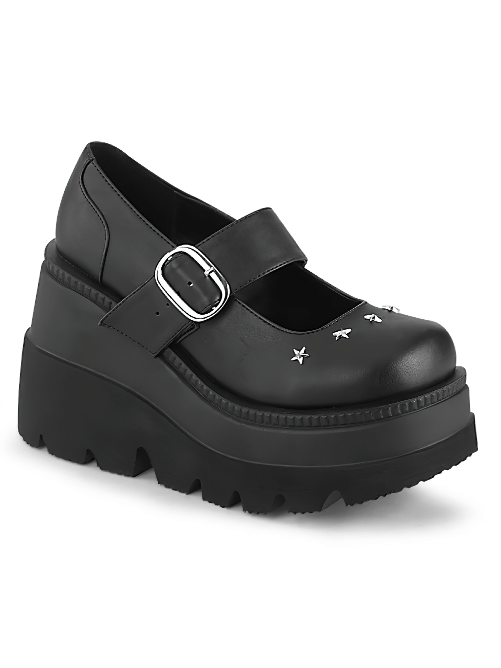 Demonia black wedge platform Maryjane shoes with buckle strap and star studs for edgy style.