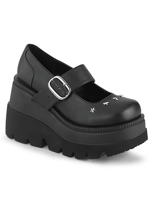 DEMONIA Black Wedge Platform Maryjane Shoes with Star Studs