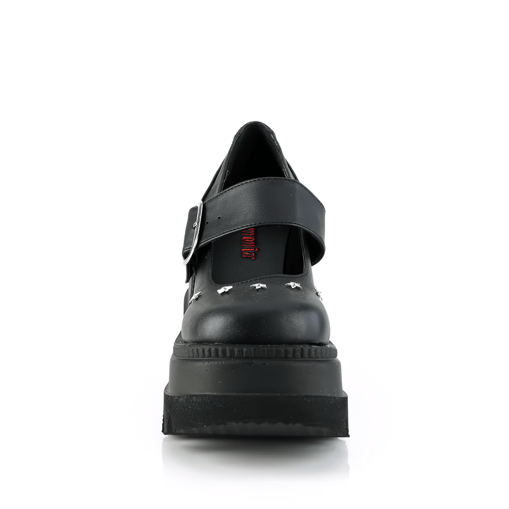 Demonia black wedge platform Maryjane shoes with star studs and buckle strap, bold and edgy footwear.
