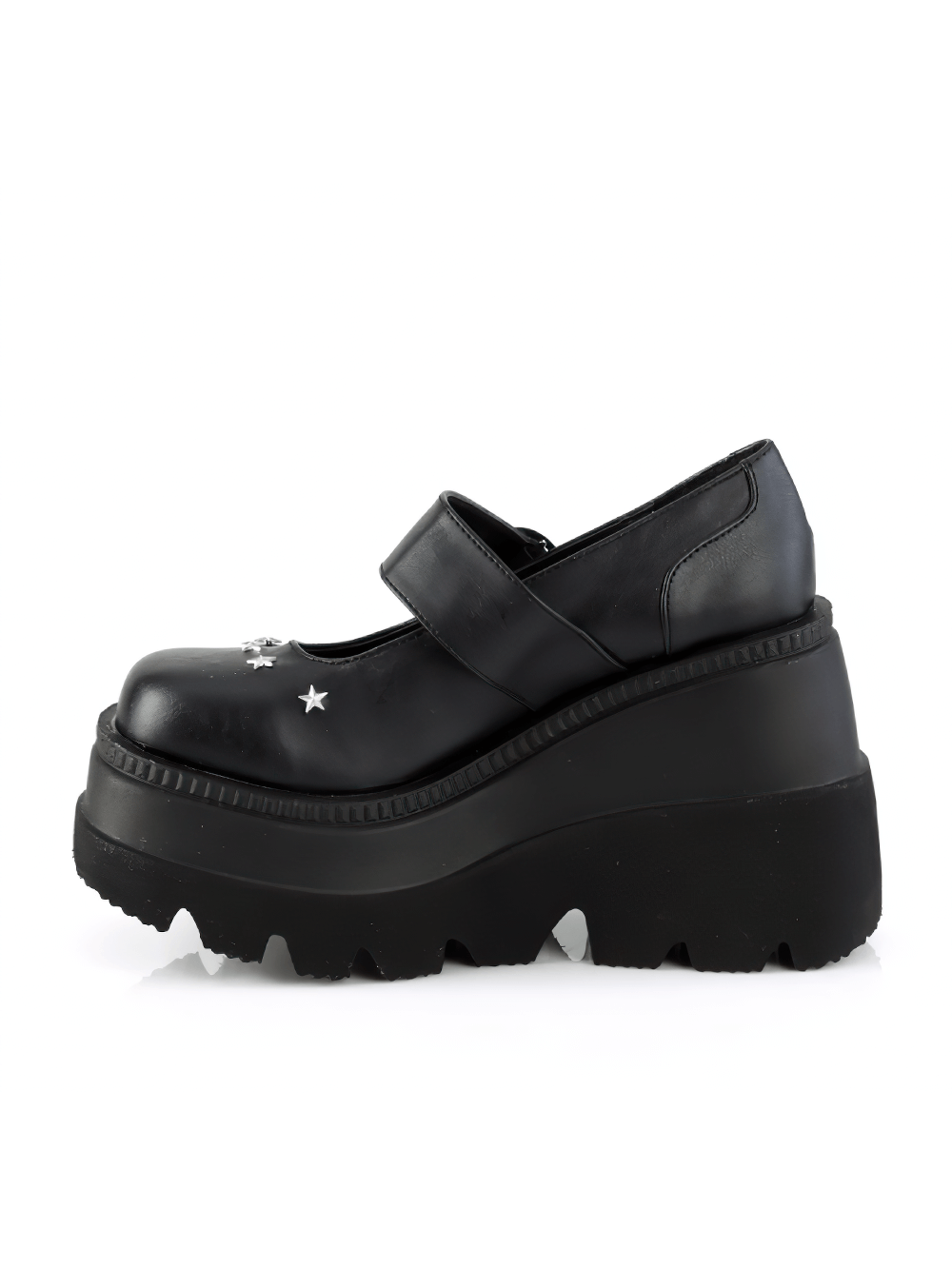 Demonia black wedge platform Maryjane shoes featuring star studs and a stylish buckle strap.