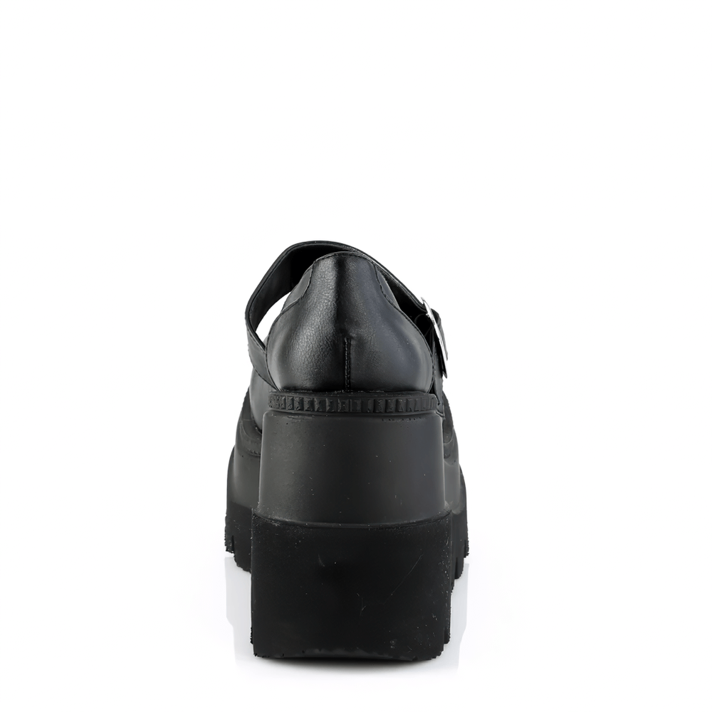 Back view of DEMONIA Black Wedge Platform Maryjane Shoes with buckle strap and star studs.