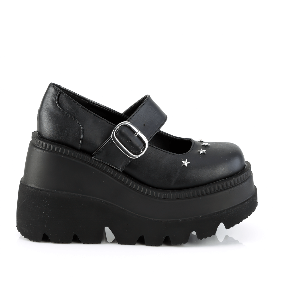 Demonia black wedge platform Maryjane shoes with star studs and buckle strap, stylish and edgy footwear.