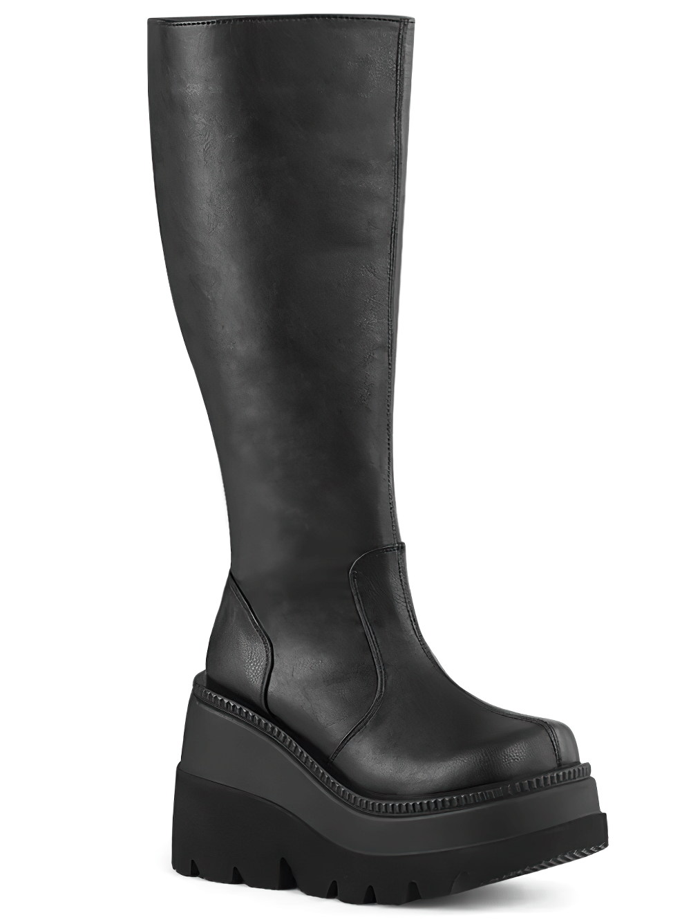 Demonia black knee-high wedge platform boots with wide calf fit and stylish design.