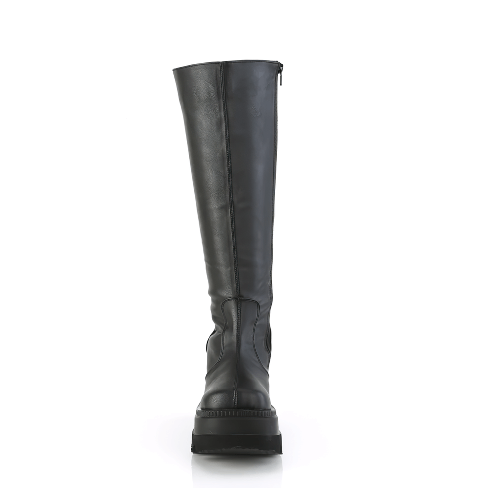 DEMONIA Black Wide Calf Knee-High Wedge Platform Boots