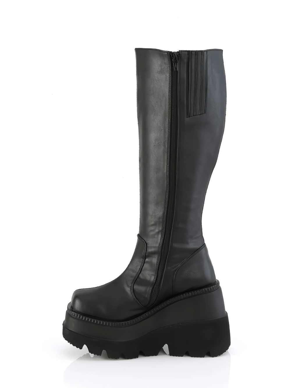 Demonia black knee-high wedge platform boots with wide calf fit and zip closure.