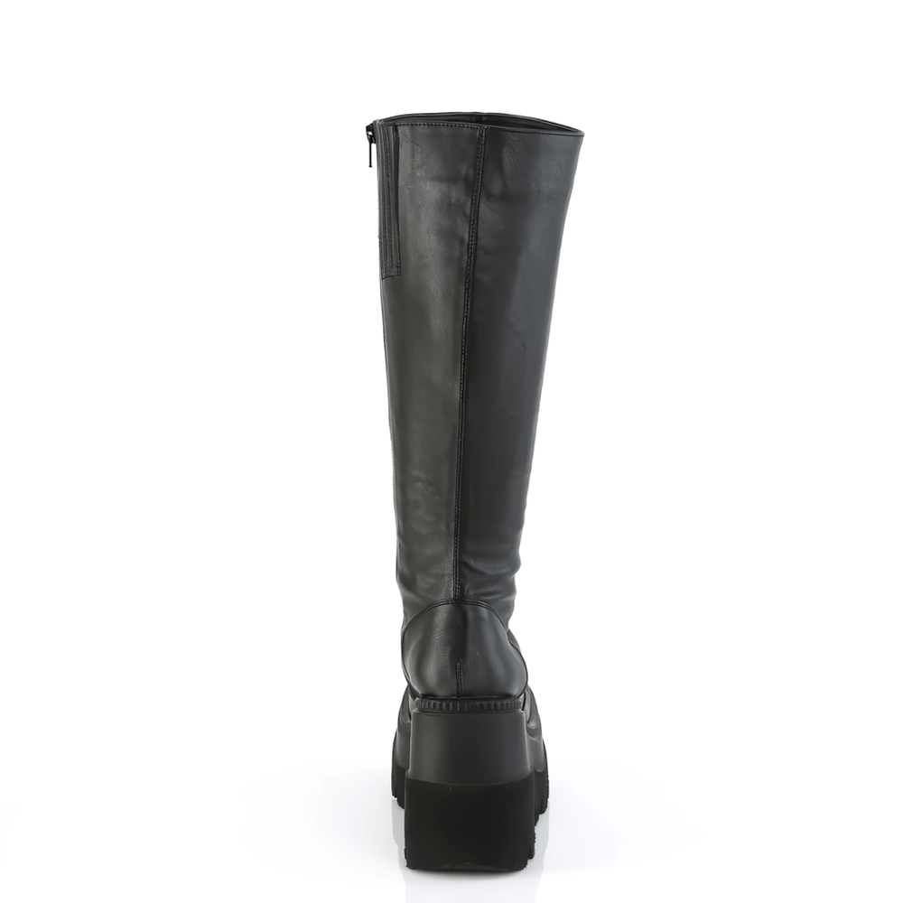 Demonia black knee-high wedge platform boots with wide calf fit and zip closure, stylish and edgy look.