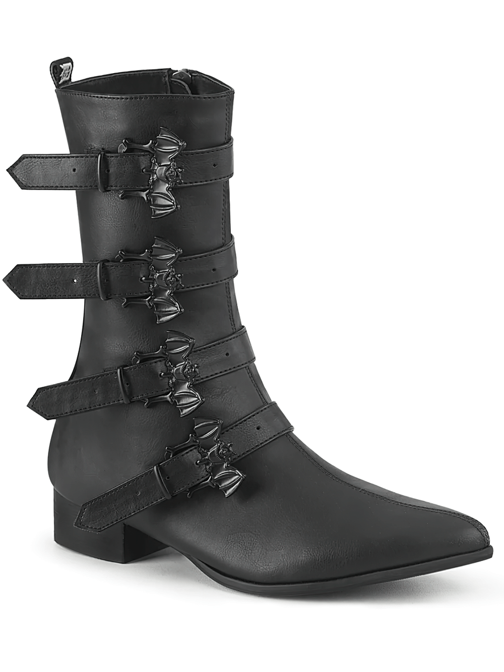 Demonia black mid-calf winklepicker boots with bat buckles and pointed toe style.