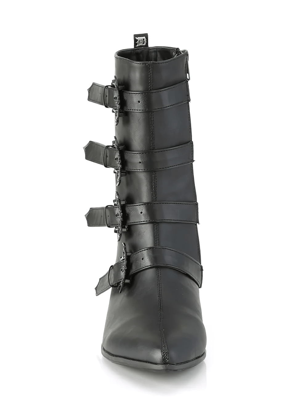 Demonia black winklepicker boots featuring bat buckle straps and a pointed toe for gothic allure.