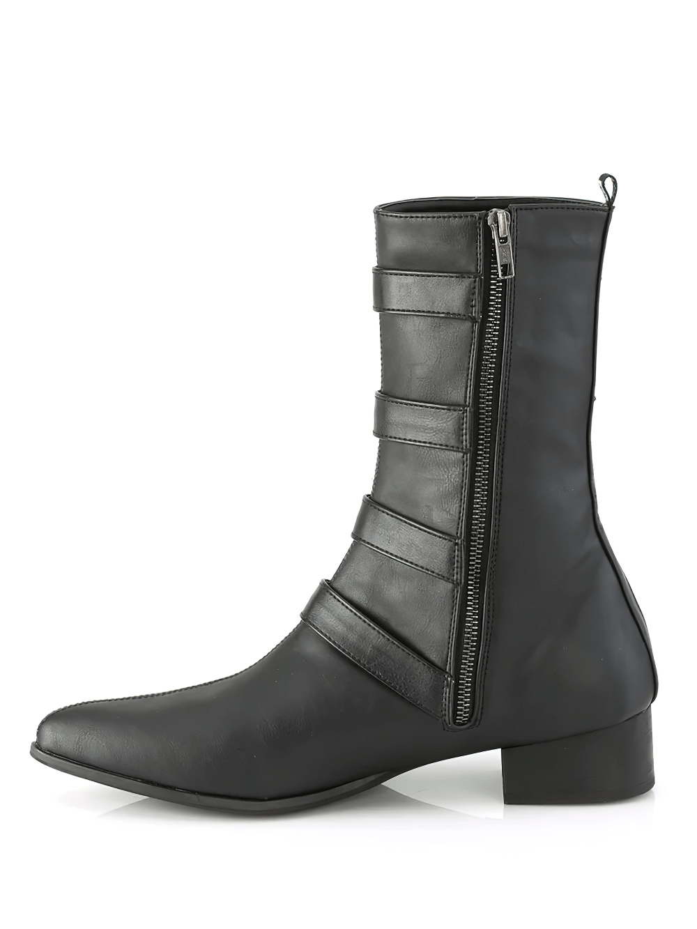 Demonia black winklepicker boots with bat buckles, mid-calf gothic style, pointed toe and block heel.