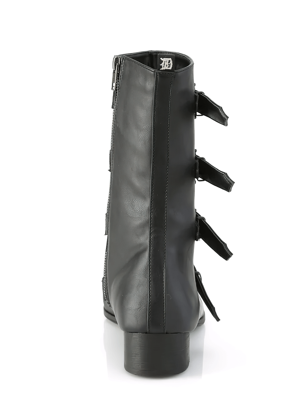 Demonia black winklepicker boots with bat buckles and mid-calf height, showcasing unique gothic style.