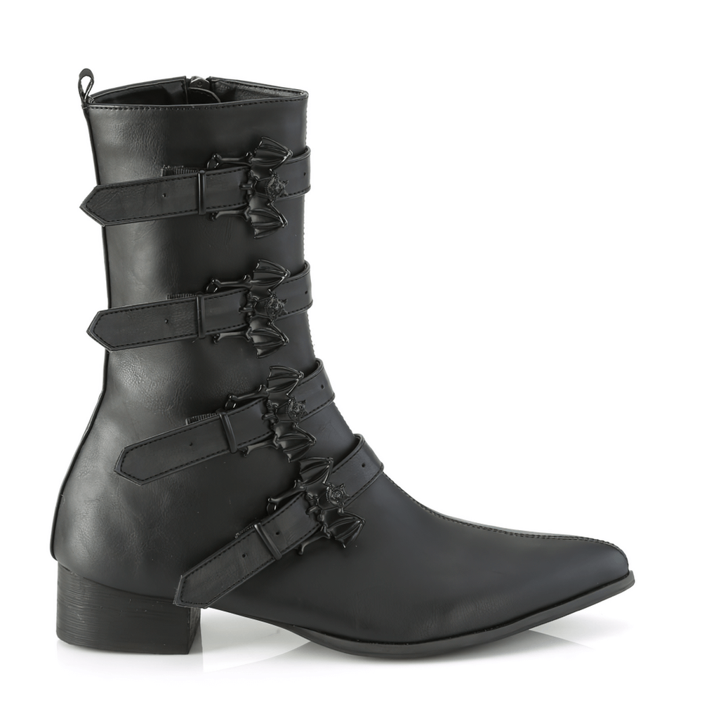 Demonia black winklepicker boots featuring bat buckles and pointed toe design, perfect for gothic style.