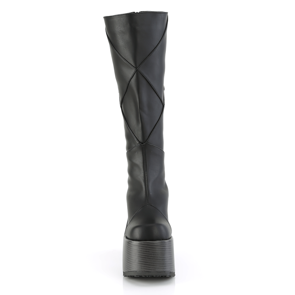 Demonia knee-high boots with faux wood platform and edgy patchwood design, 5-inch block heel.