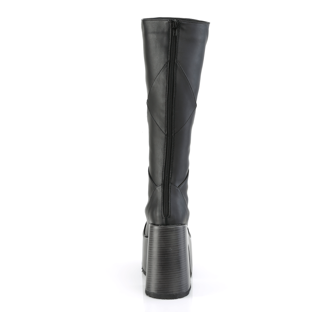 Black block heel knee high boots with faux wood platform and side zip closure, perfect for gothic-inspired fashion.