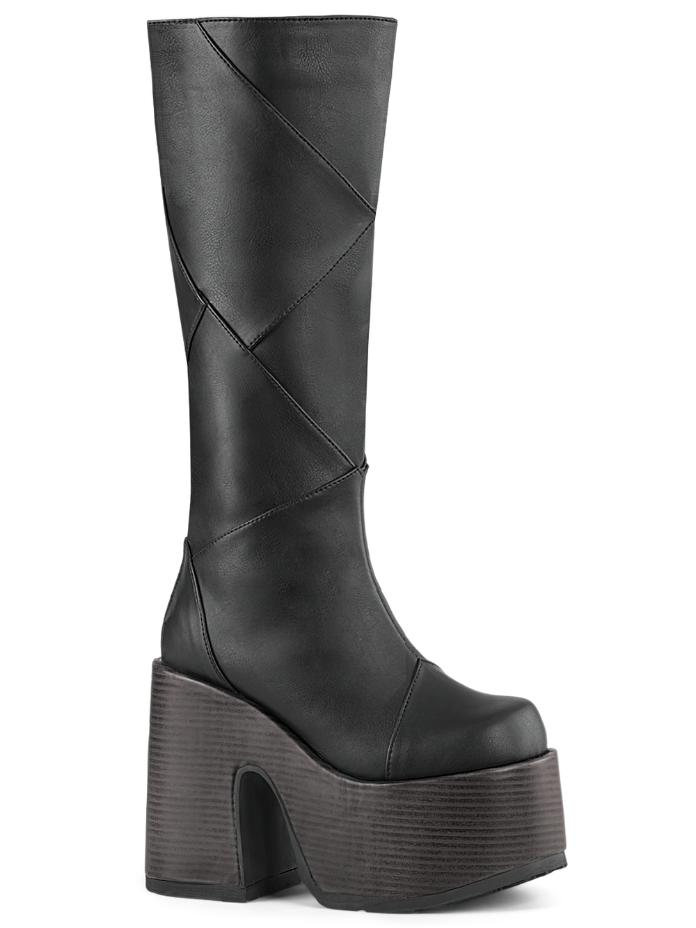 Demonia knee high boots featuring a sleek design, 5-inch block heel, and faux wood platform, perfect for gothic styles.