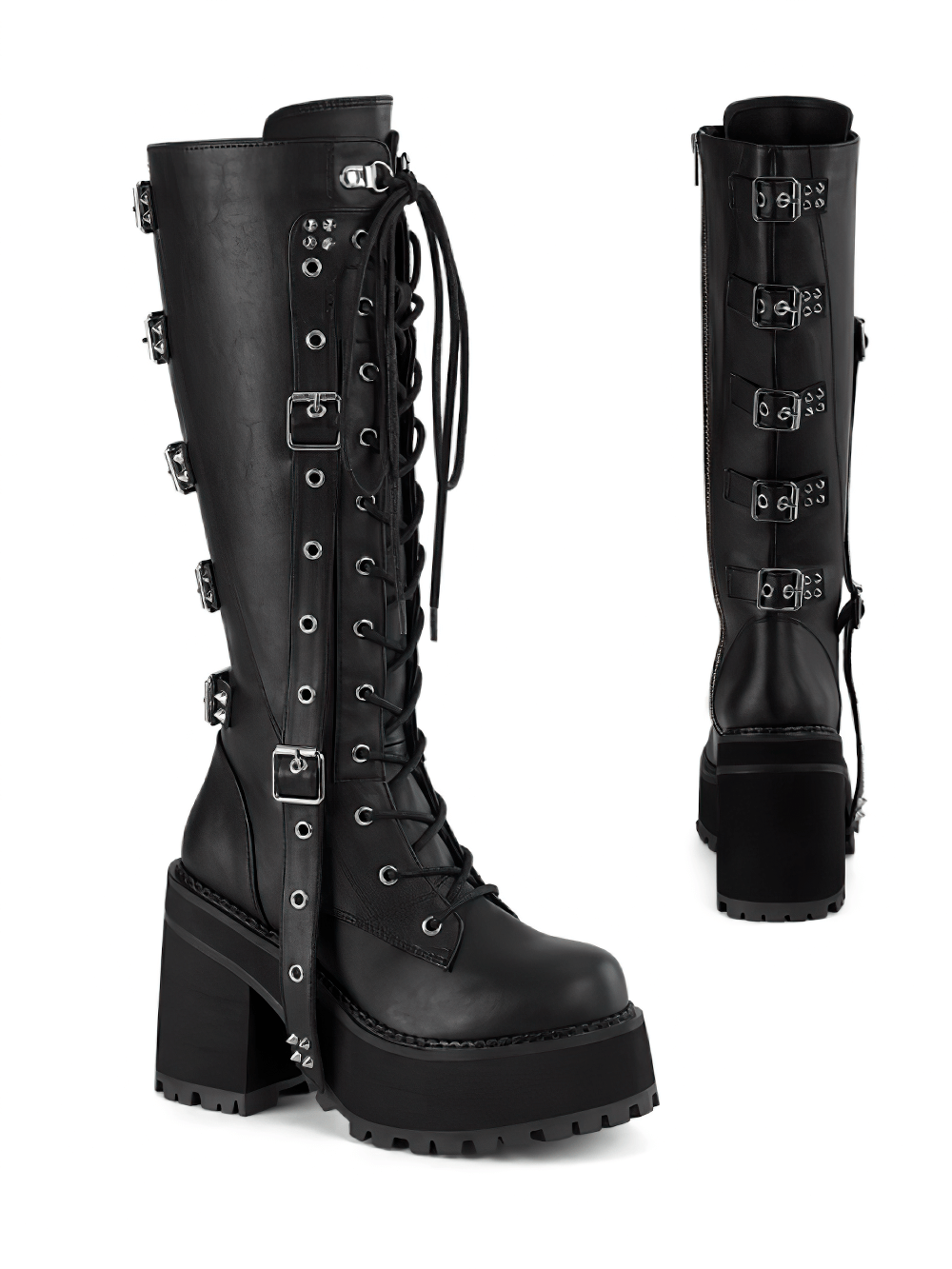Black knee-high block heel boots with lace-up front, buckles, and studded straps for an edgy style.