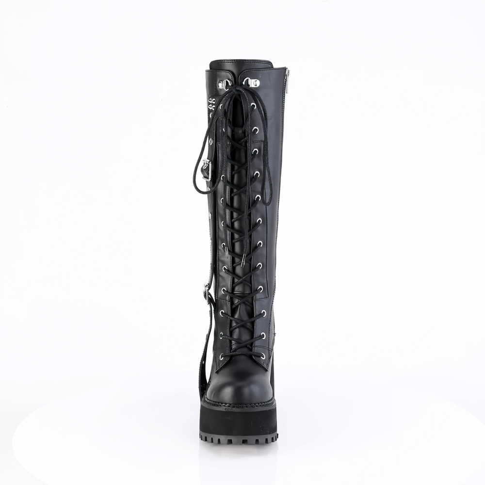 DEMONIA Block Heel Knee High Boots with Spiked Straps