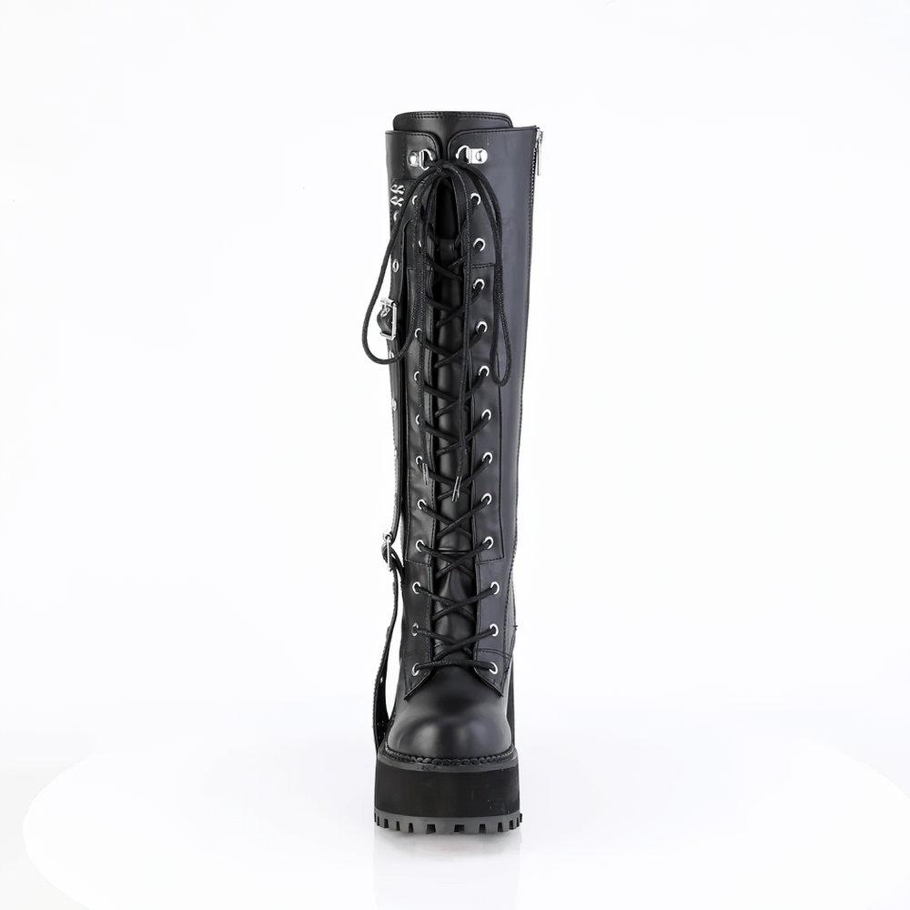 Demonia black lace-up knee high boots featuring spiked straps and a block heel, designed for an edgy fashion statement.