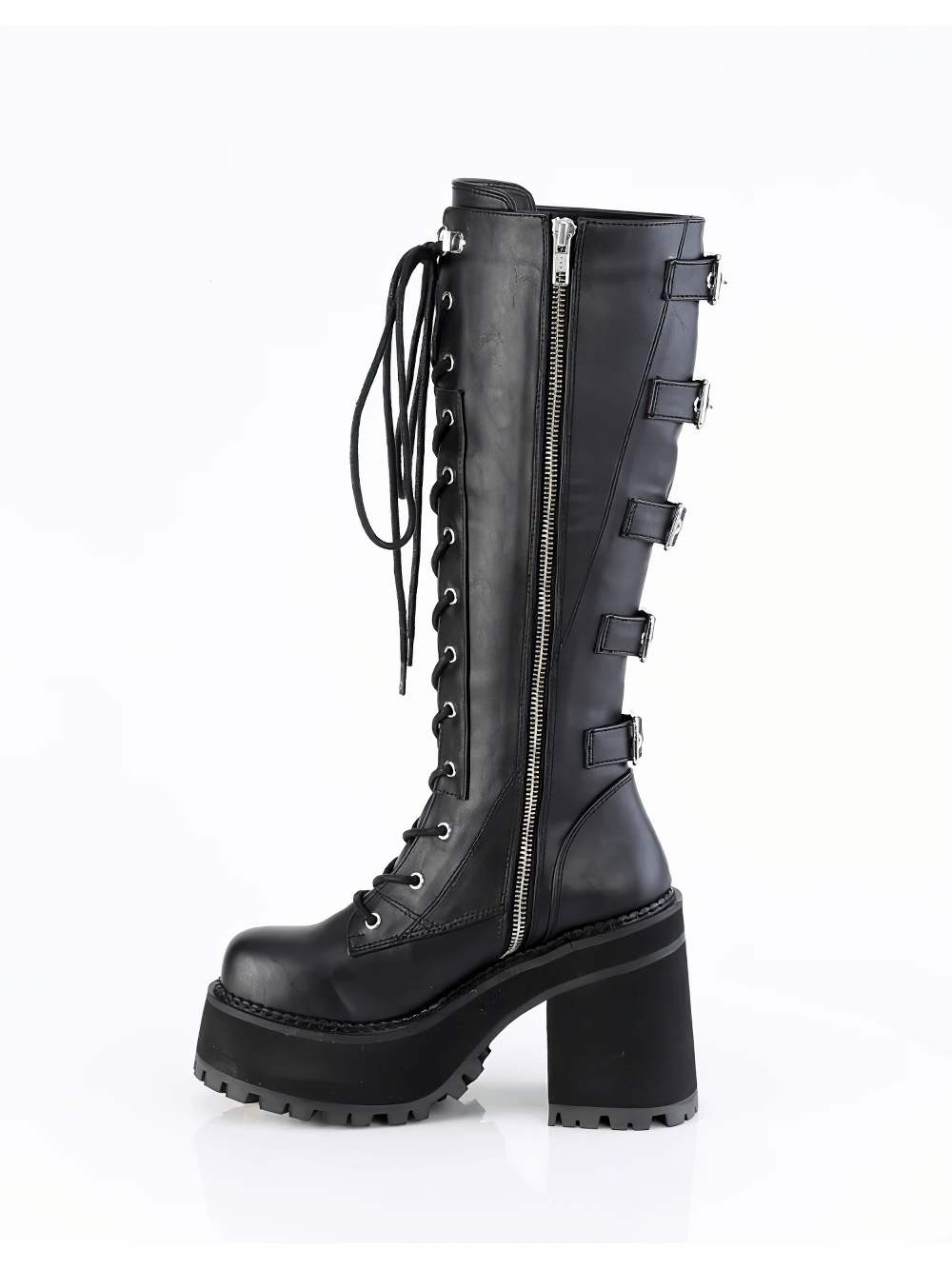 DEMONIA Block Heel Knee High Boots with Spiked Straps