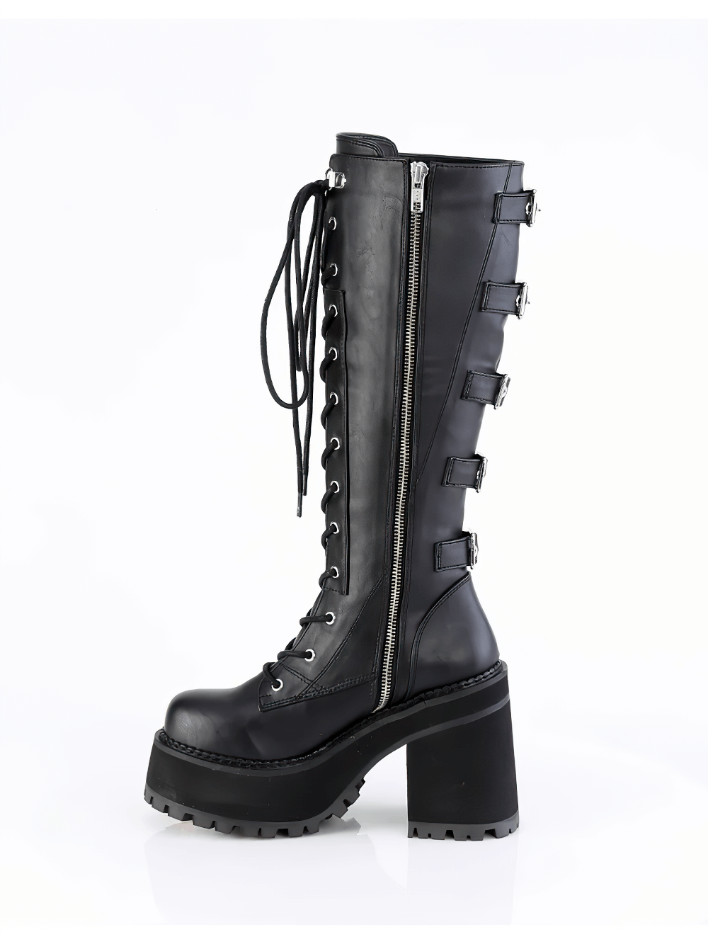 Black lace-up knee high boots with spiked straps, block heel, and zipper for edgy style.